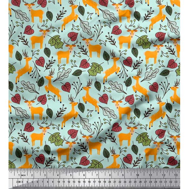 Soimoi Polyester Crepe Fabric Leaves & Reindeer Animal Fabric Prints by Yard 42 Inch Wide