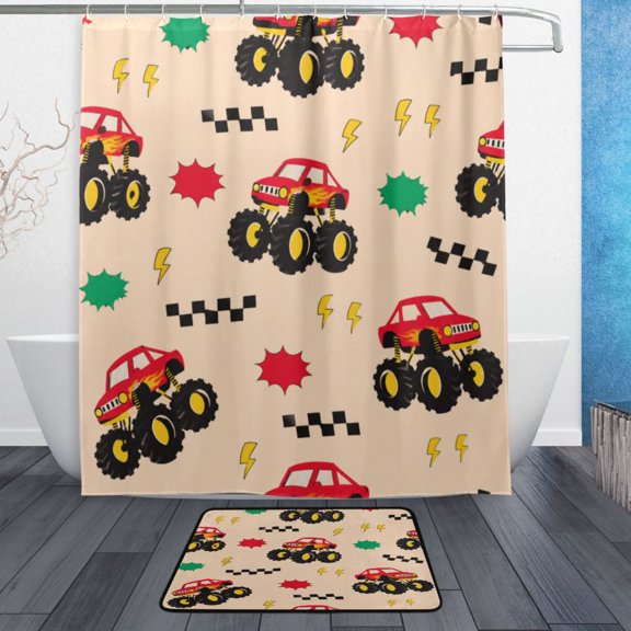 TTYFWHD 60" x 72" Shower Curtain and Bath Mat Set Red Truck Pattern Waterproof Bathroom Curtain with 12 Hooks, Bathroom Decor Set