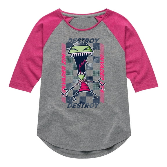 Invader ZIM - GIR Screaming Destroy - Checkered Board Retro Style - Toddler And Youth Girls Raglan Graphic T-Shirt
