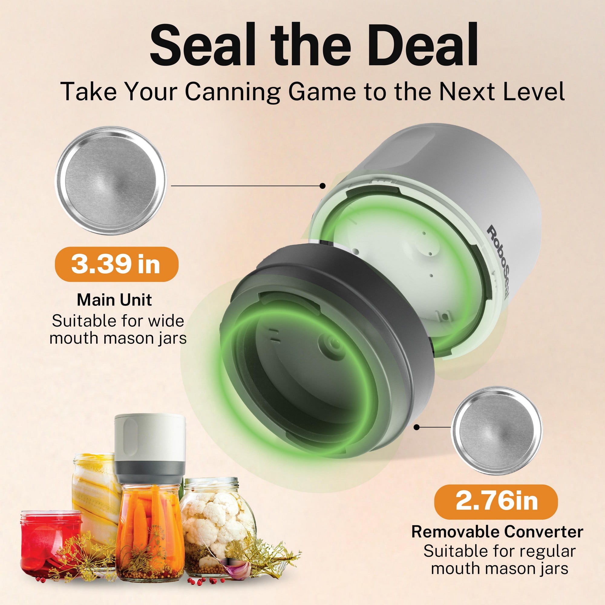 RoboSeal Rechargeable Mason Jar Vacuum Sealer Kit with 10 Lids - 1 Touch Operation, Food Preserver with Auto Stop