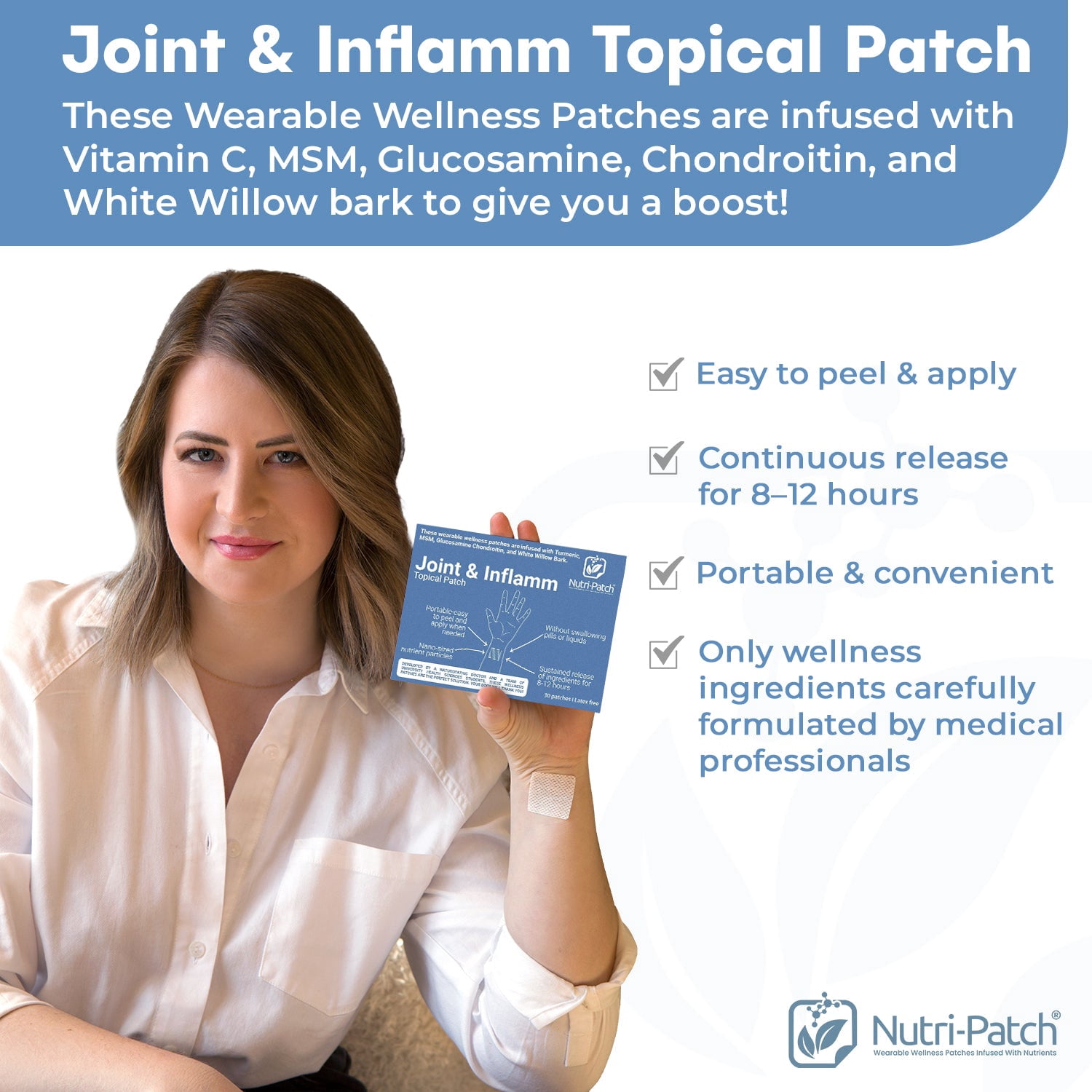 NUTRI-PATCH Joint & Inflamm Skin Patches with MSM, Glucosamine, Turmeric and White Willow Bark - Sustained Vitamin Release (30 Ct)