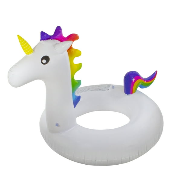 Pool Central 58" Giant Inflatable 1-Person Rainbow Unicorn Pool Ring Float - White/Blue
