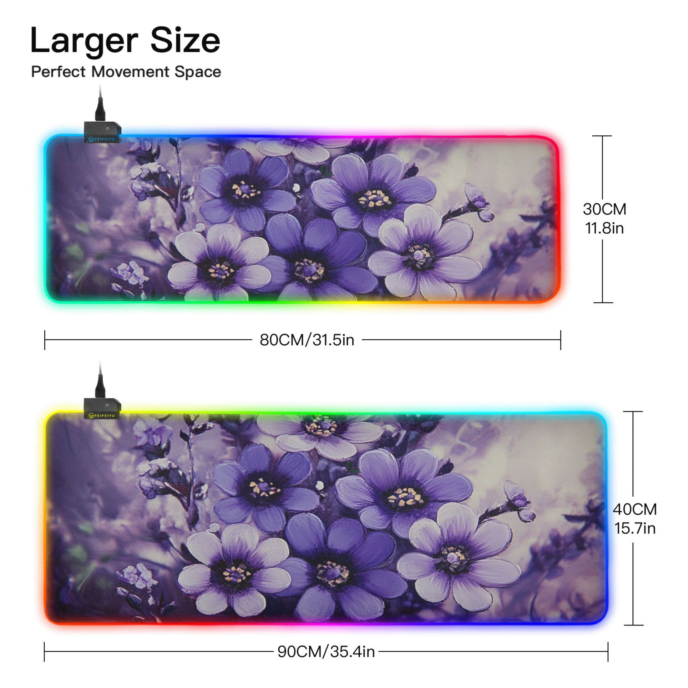 Purple Beautiful Flowers RGB Gaming Mouse Pad Large Keyboard Mat Rubber Base 13 Light Modes
