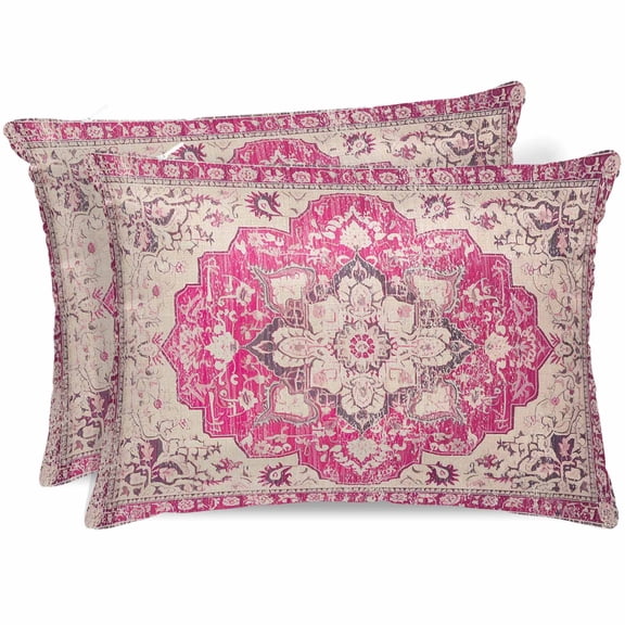 Boho Pink Satin Pillowcase for Hair and Skin with Zipper, Soft Breathable Cooling Silk Pillow Cases, Middle Century Boho Geometric Abstract Southwestern Throw Pillow Covers King Size 20"x36" Set of 2