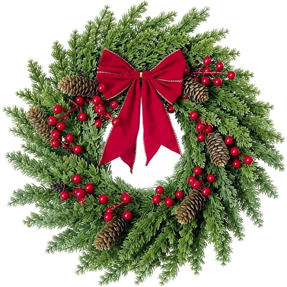 20 Inch Christmas Wreaths for Front Door Artificial Pine Wreath | Pine Cones, Red Berries, Red Bow, Rustic Farmhouse Winter Holiday Wreath for Indoor Outdoor Porch Window Fireplace Decor