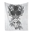 thumbnail image 1 of Celtic Soft Flannel Fleece Throw Blanket, Deer Skull with Feather and Celtic Spiral on the Horns Boho, Cozy Plush for Indoor and Outdoor Use, 70" x 90", Black White, by Ambesonne, 1 of 6