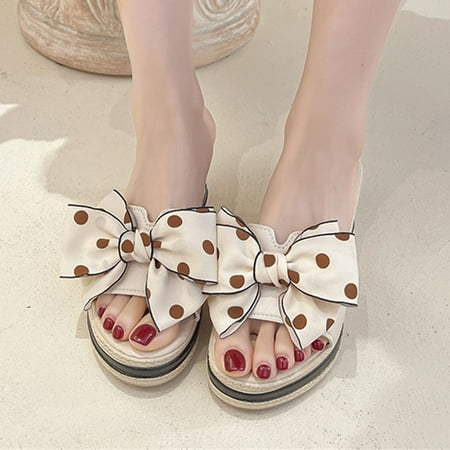 

〖Yilirongyumm〗 Beige 38 Sandals Women Fashion Summer Women Sandals Wedge Heel Platform Ribbon Bow Polka Dot Casual