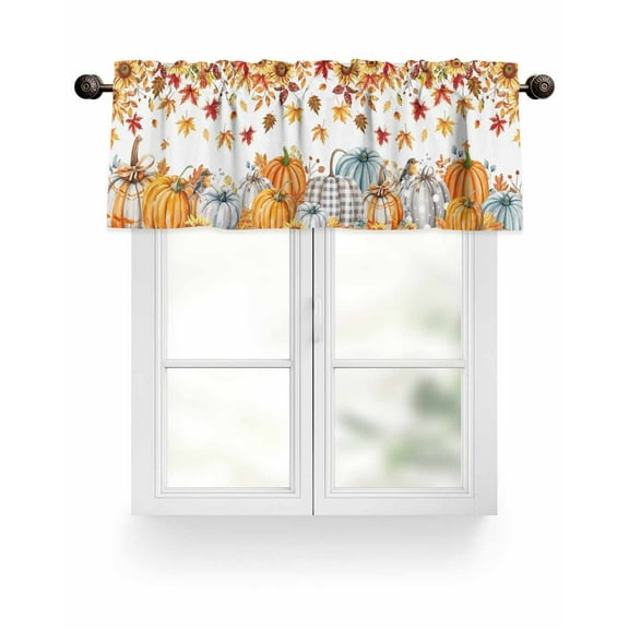 Orange Fall Thanksgiving Pumpkin Kitchen Valances for Windows Sunflower Leaves Valance Curtains  for Kitchen /Living Room/Bedroom/ Bathroom Decor, 54"x18 " ,Rod Pocket 1 Panel, White