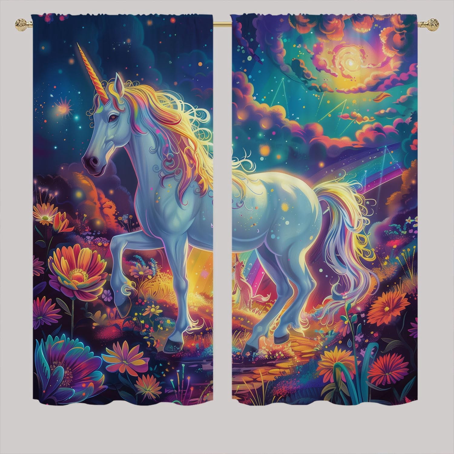 Fantasy Unicorn Blackout Curtains for Kid Girls Boys Bedroom, Enchanted Forest Rainbows Flower Rod Pocket Window Drapes for Bedroom Living Room, W42 x L63 Inch