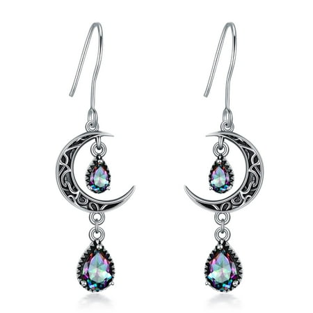 YAFEINI Mystic Topaz Earrings for Women Sterling Silver Celtic Moon Dangle Drop Earrings Rainbow Topaz Dangling Celtic Jewelry Gifts for Women