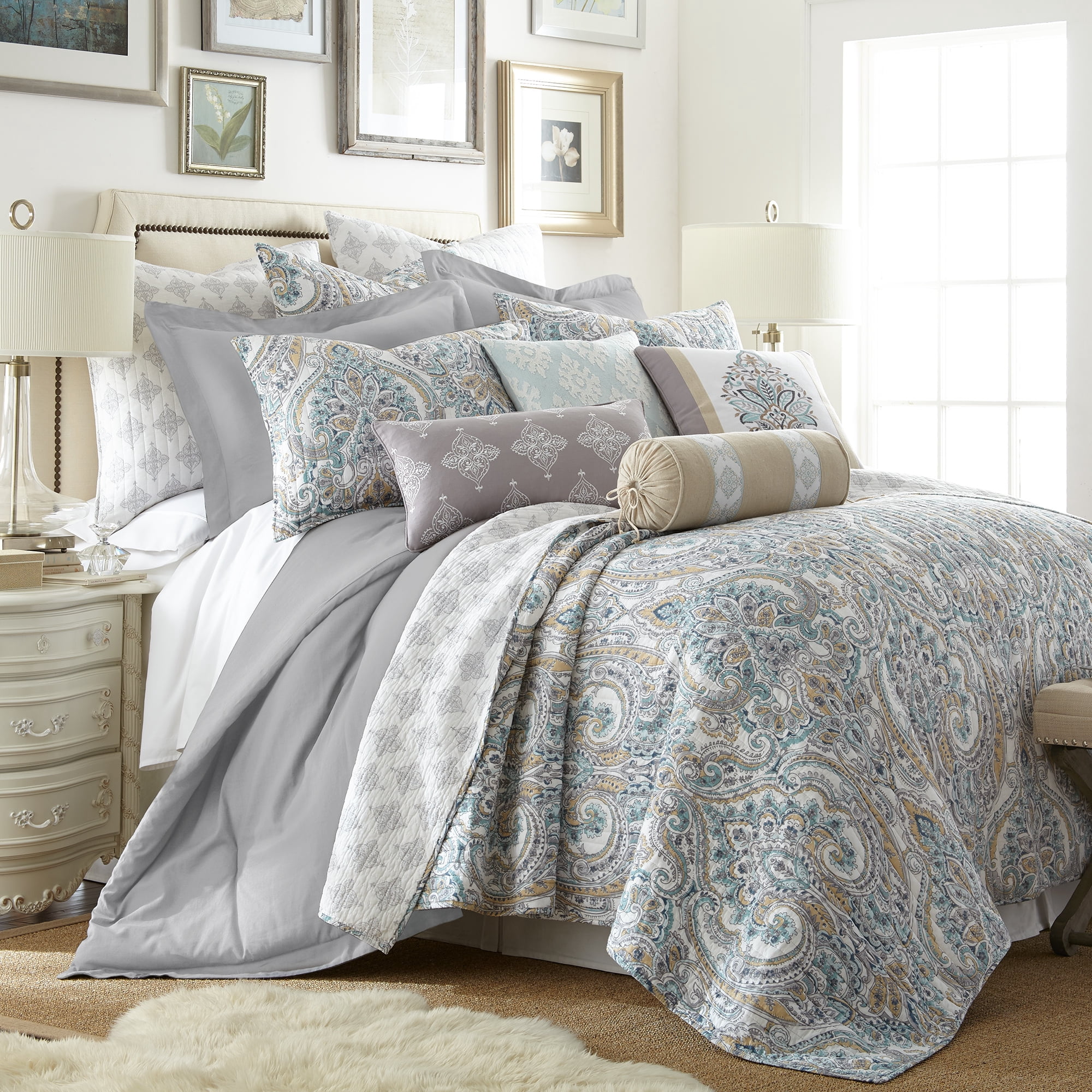 Levtex Home - Rome Quilt Set - King Quilt + Two King Pillow Shams - Paisley - Beige, Blue, and White - Quilt Size (106x92in.) and Pillow Sham Size (36x20in. ) - Reversible - Cotton Fabric