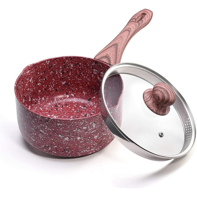 CSK 3 Pintes Casserole Antiadhésive avec Couvercle - Granite Sauce d'Enrobage Casserole avec Becs Verseurs, Compatible avec Cuisinière à Induction, PFOA PFOS PFAS Libre, Poignée de Bakélite Ergonomique, Rouge