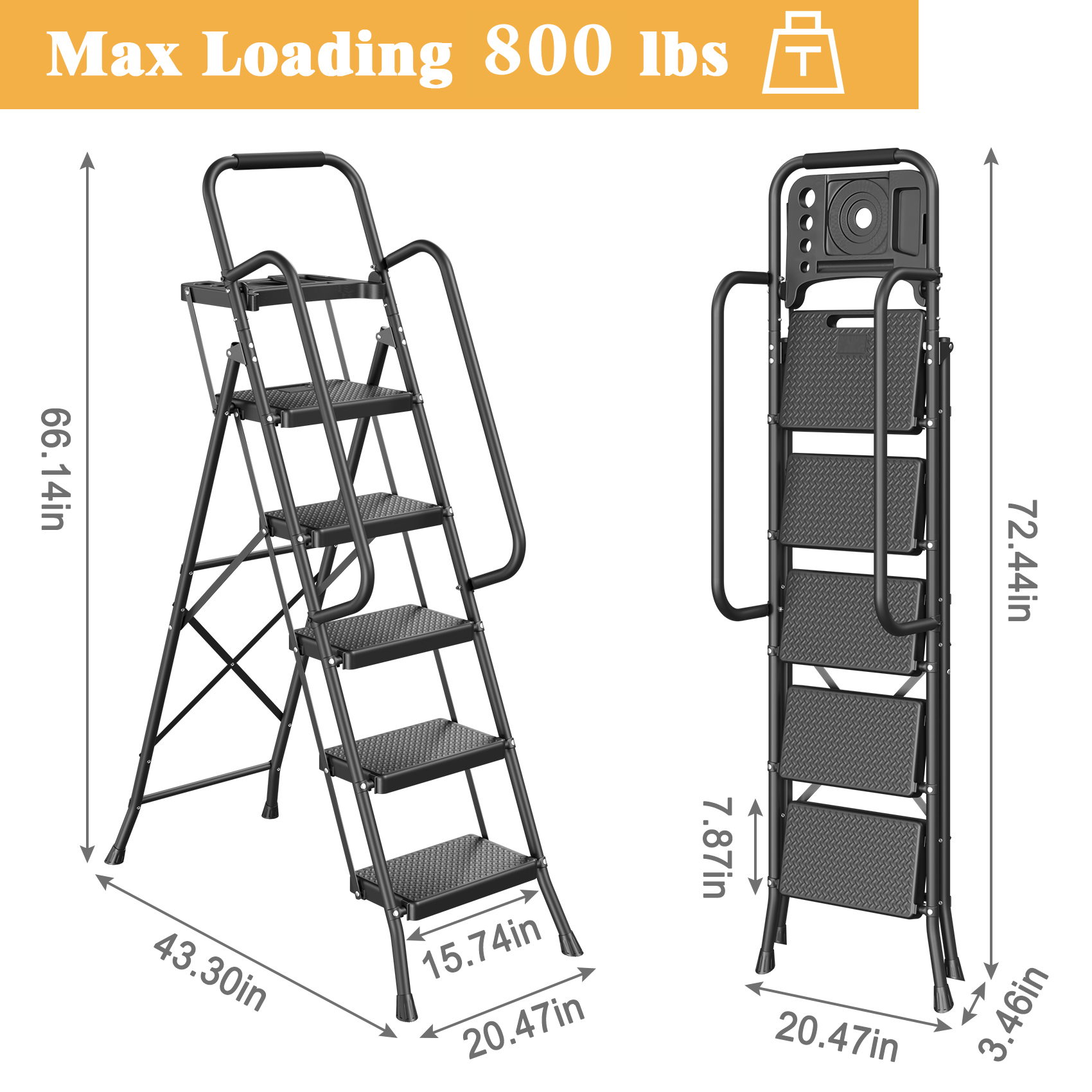 JOZ 5-Step Folding Ladder, 800 Lbs Capacity with Handrails photo 7