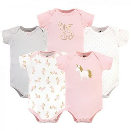 UPC: 0660168577860 | Hudson Baby Infant Girl Cotton Bodysuits 5pk Gold/Pink Unicorn 3-6 Months