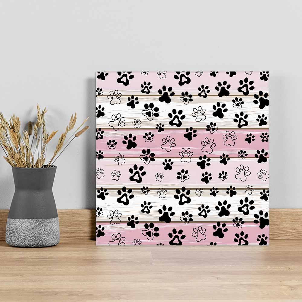 Dog Paw Canvas Wall Art, Pink Wood Grain Farmhouse Vintage Board Framed Wall Decor Modern Artwork Prints Painting for Living Room, Bedroom, Kitchen & Cafe Decor 16x16 Inch