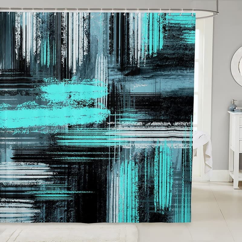 Blue Black and Grey Bathroom Shower Curtain Set Geometric Artistic Smear Shower Curtain Abstract