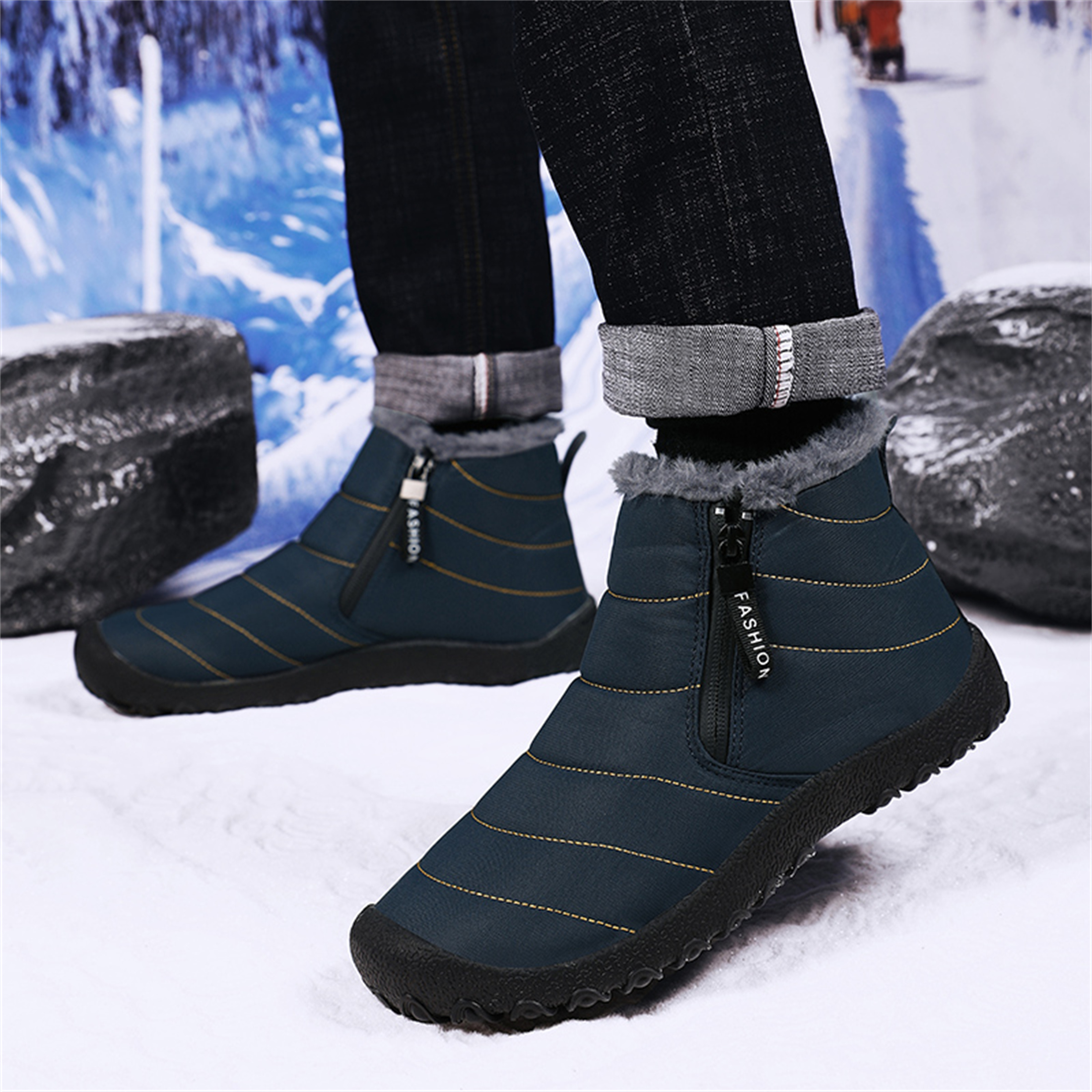 LASUDRAA Mens Barefoot Winter Boots Water-Resistant Slip-Resistant Hiking Snow Shoes Lightweight Warm Ankle-High Boots, Wide Toe Box,Trails & Everyday Wear