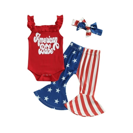 

Bagilaanoe 4th of July Clothes for Newborn Baby Girl Letters Print Sleeveless Romper Tops + Star Stripe Patchwork Flared Trousers 6M 12M 18M 24M Infant Independence Day Outfits 3pcs Long Pants Set