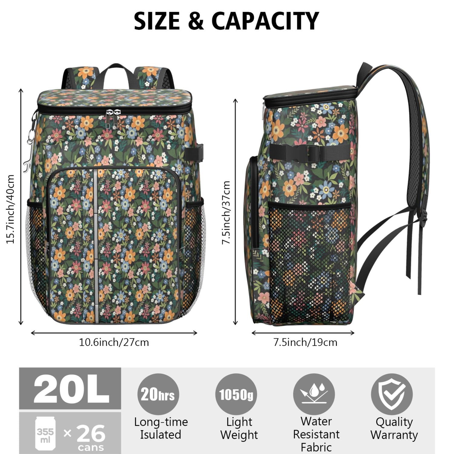 Travel Cooler Bag - Pioneer Flower Floral Print Pattern Camping Beer Cooler Backpack with Bottle Opener- Waterproof Insulated Picnic Backpacks - Cooler Bag for Beach