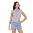 thumbnail image 2 of Forever 21 Women's Poplin Button Down Collared Shirt with Self Tie Back, Short Sleeve Fitted Top, Lightweight Casual Everyday Style, Navy, XXS-XXL, 2 of 3