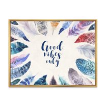 Designart 'Good VIbes Only Under Vibrant Blue Feathers' Bohemian & Eclectic Framed Canvas Wall Art Print