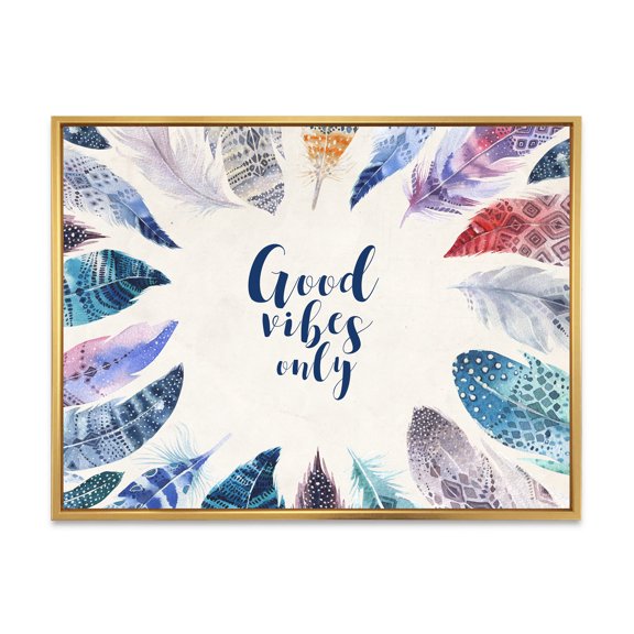 Designart 'Good VIbes Only Under Vibrant Blue Feathers' Bohemian & Eclectic Framed Canvas Wall Art Print