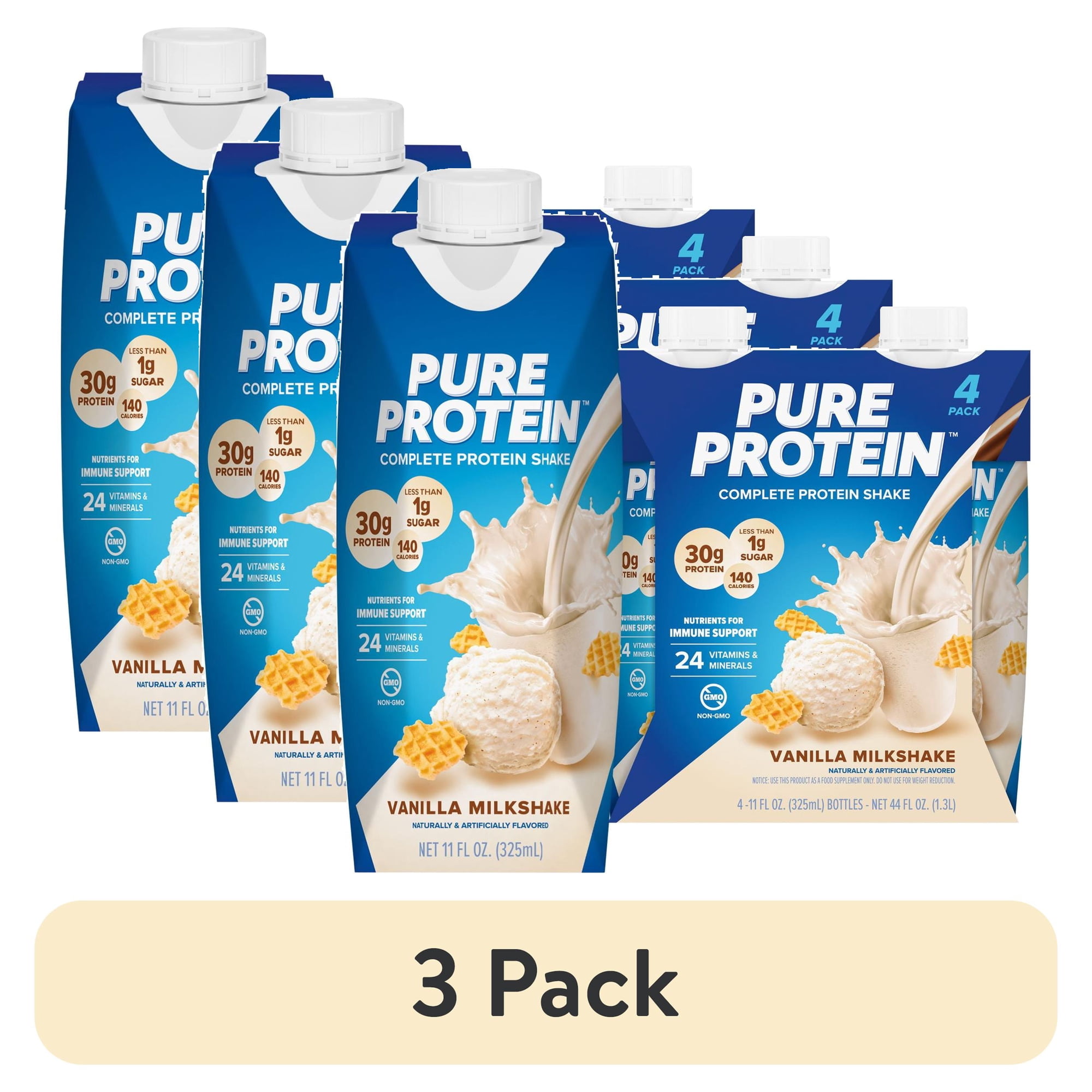 (3 pack) Pure Protein Shake, Vanilla Milkshake, Gluten Free, 30g Protein, 11 fl oz, 4 Pack