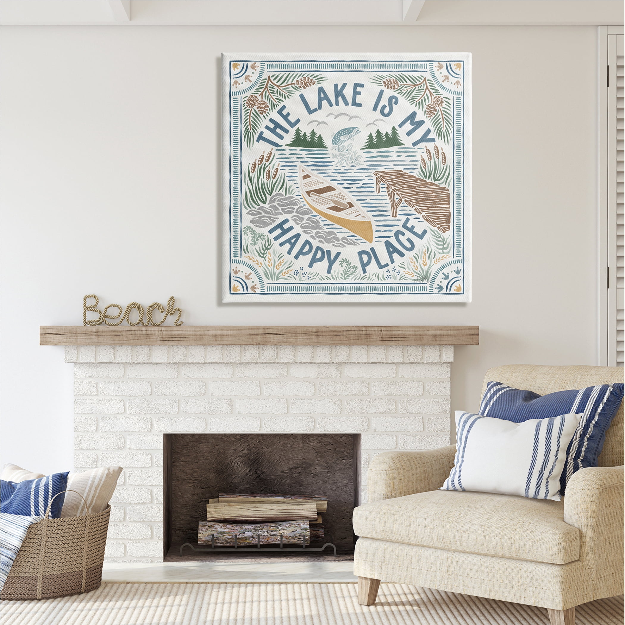 Stupell Industries My Happy Place Lake Phrase Nature Painting Gallery Wrapped Canvas Print Wall Art, 36 x 36