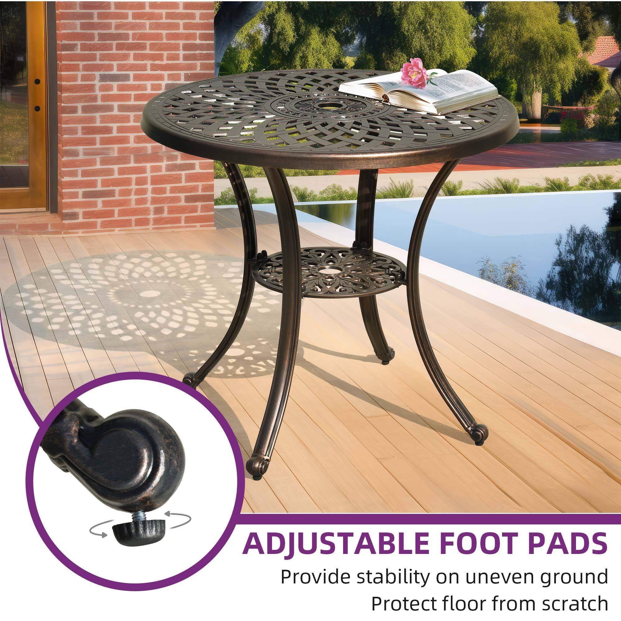 Uforic 30 Inch Round Outdoor Patio Dining Table, Cast Aluminum Bistro Table with Umbrella Hole, Weather Resistant Side Table for Garden Backyard Porch, Hammered Bronze Finish