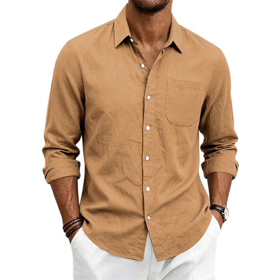 Havenx Linen Shirts for Men Long Sleeve Button Down Dress Shirts with Pocket Collared Shirt Regular Fit Classic Casual Work Office Workwear,Earthy Yellow M