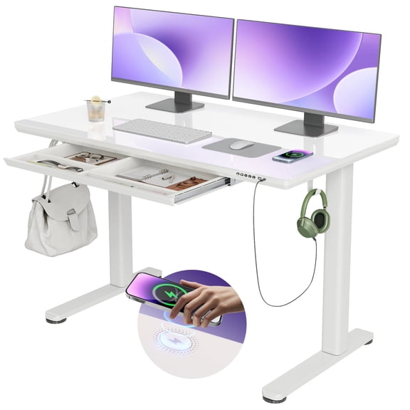 Glass Standing Desk – Electric Height Adjustable Desk With Smart Memory Controller, Wireless Charging & Storage Drawer