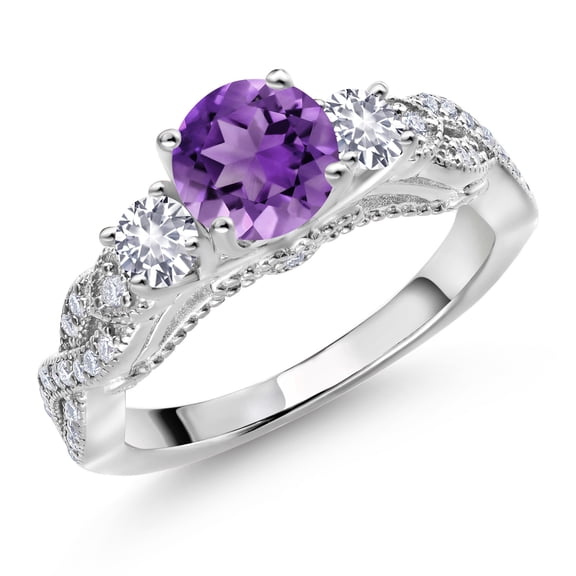 Gem Stone King 1.53 Cttw Purple Amethyst White Created Sapphire and White Moissanite Engagement Ring for Women | 925 Sterling Silver | Gemstone February Birthstone | Round 6MM and 3MM (Size 9)