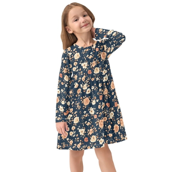 Girls Dress Soft Casual Long Sleeve Cute Dress for Girls Fashion Prints Light Rose Crew Neck