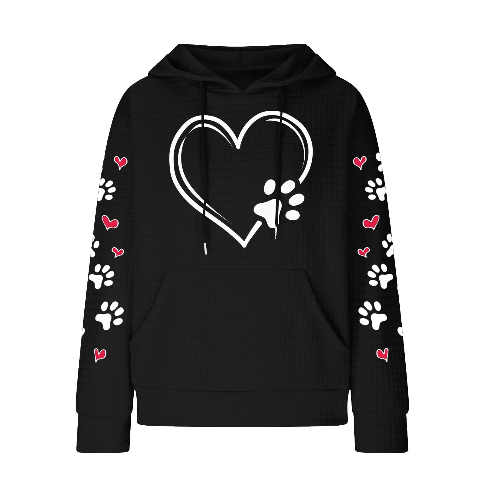 Cute Dog Paw Print Hoodies for Women Casual Oversized Waffle Hooded Sweatshirts Comfy Fall Winter Pullover Tops for Going Out