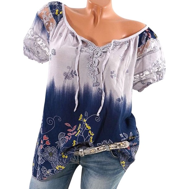 Guardurnaity Blusa Manga Corta Camisa Estampada Blusa Cuello V Mujer Top Verano Prendas para la parte del cuerpo Gris XL