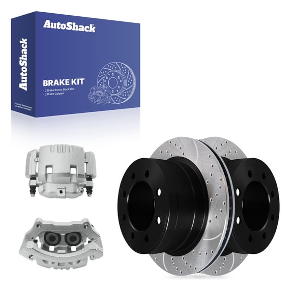 AutoShack Rear Vented Drilled & Slotted E-Coated Brake Rotors   Calipers 4-PC Brake Kit Replacement for 2006-2008 Dodge Ram 1500 2003-2008 Dodge Ram 2500 ShadowGuard 13.85" (351.7 mm)