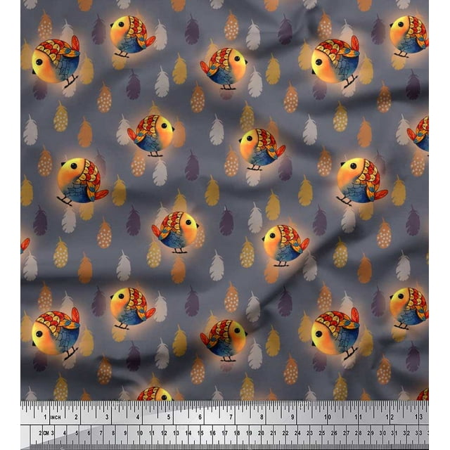 Soimoi Poly Georgette Fabric Feather & Bird Cartoon Fabric Prints by Yard 42 Inch Wide