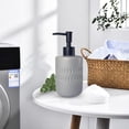 thumbnail image 5 of ABCISI Soap Dispenser, Cylindrical Lotion Dispenser with Matte Black Pump, 12oz Ceramic Relief Hand Dish Soap Dispenser, Refillable Liquid Dispenser for Kitchen Bathroom (Relief Gray), 5 of 12
