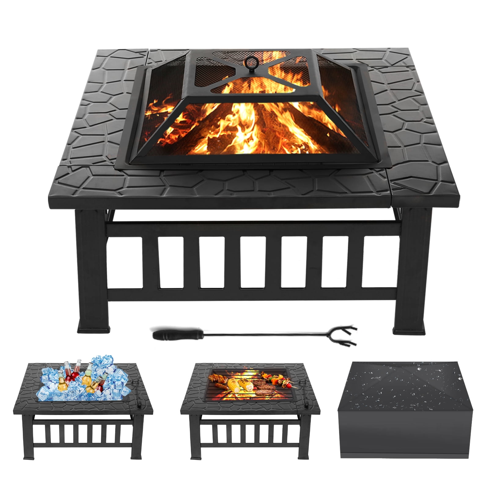 32" Metal Firepit Patio Backyard Garden Square Stove W/Cover Fire Pit Outdoor 