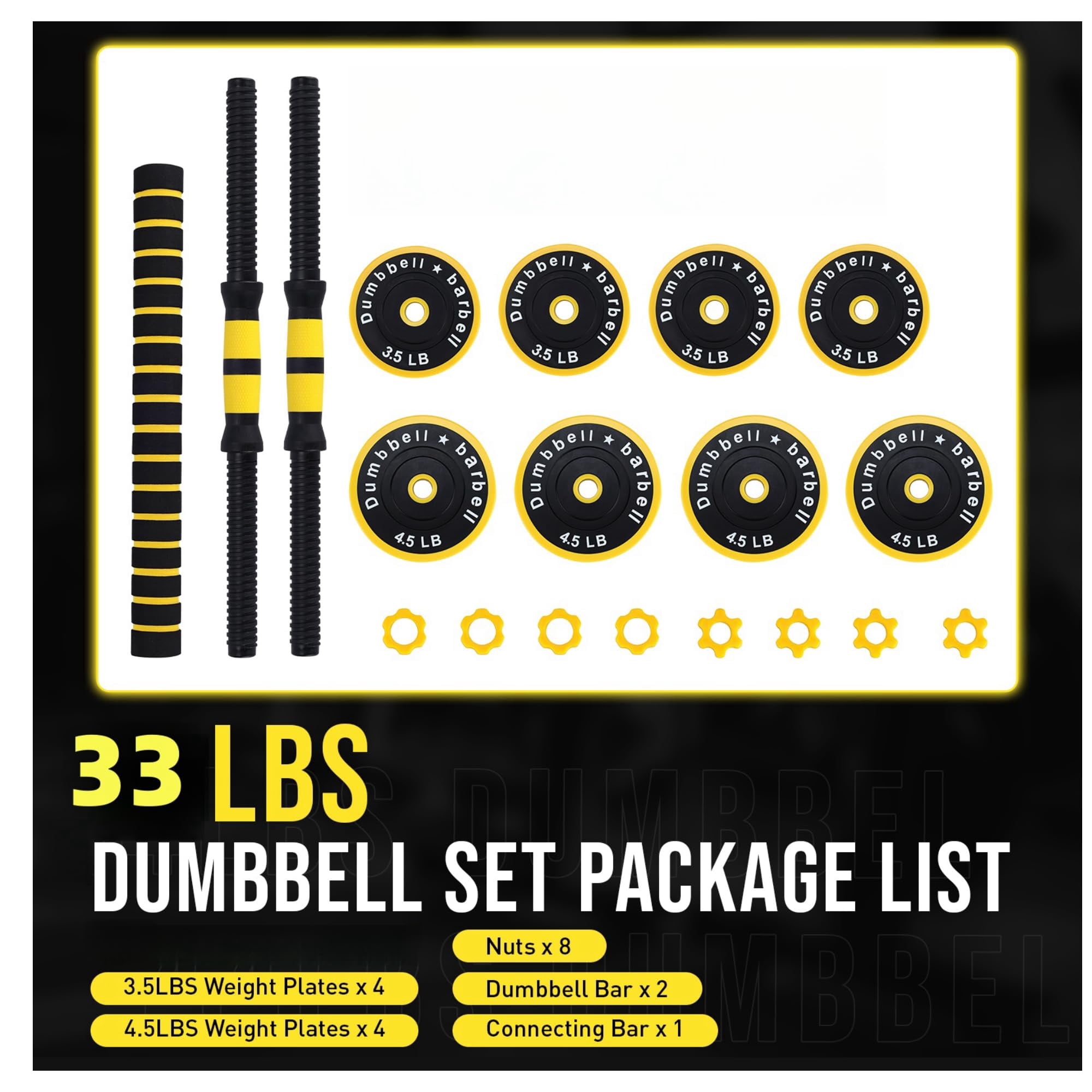 2-IN-1 Adjustable Dumbbell Set for Home Gym, 33 LBS Weight Set for Dumbbell and Barbell, Yellow