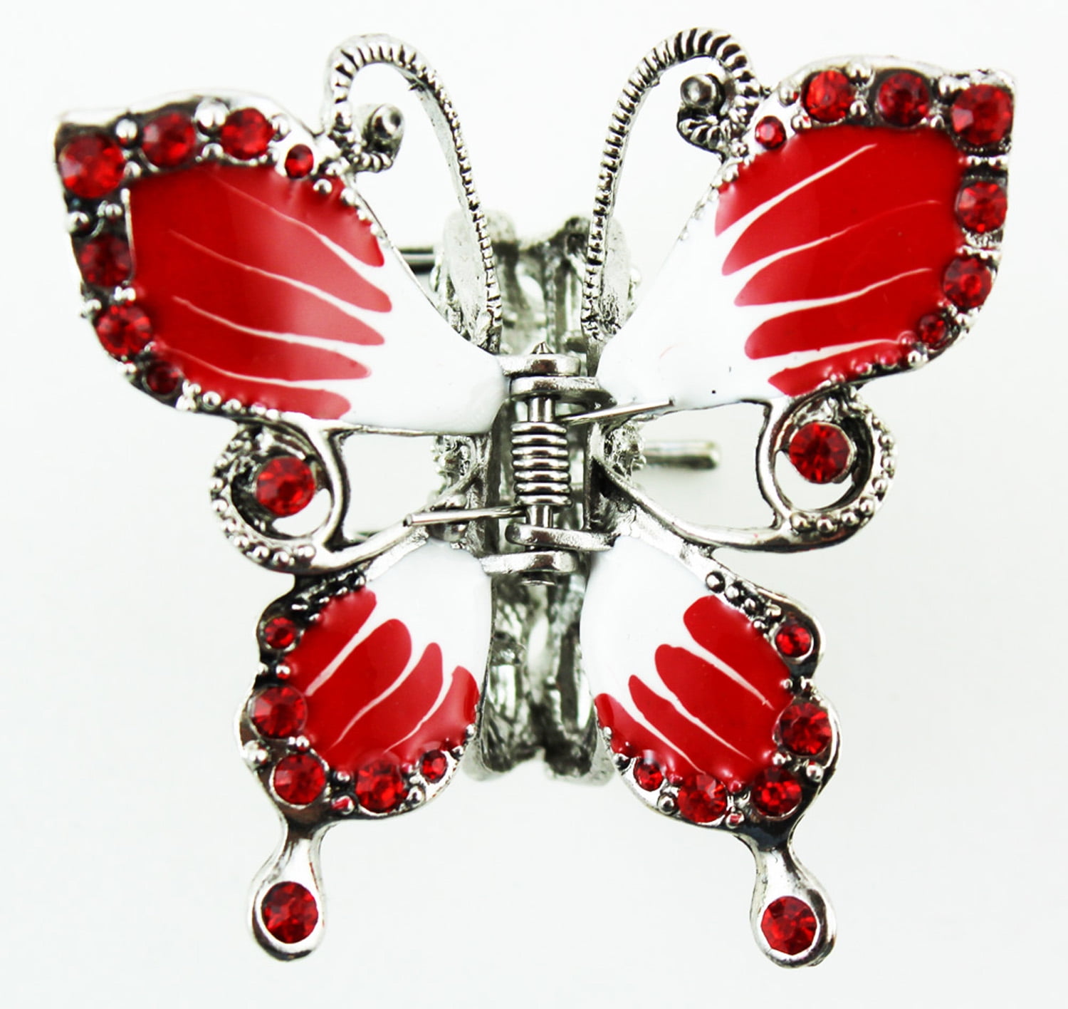 Butterfly Hair Clip Silver Tone Butterfly Hair Accessory (Red