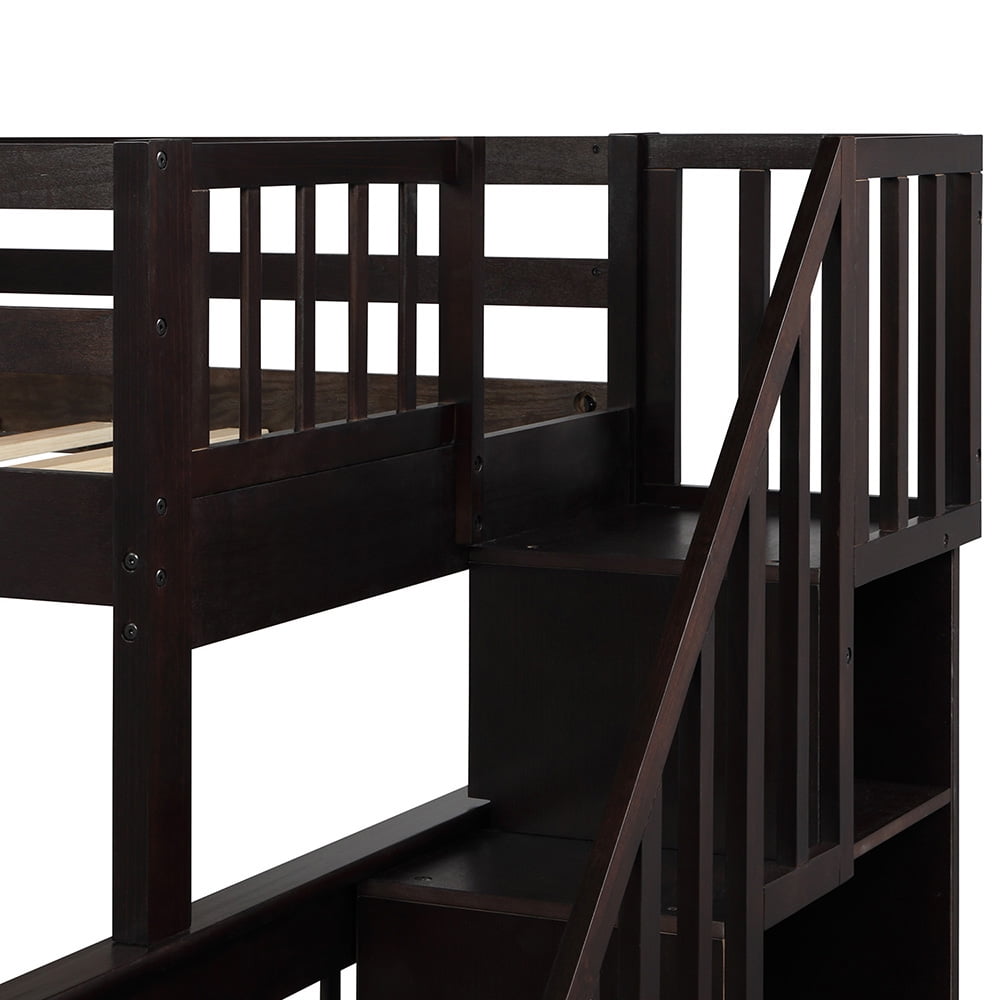 Twin-Over-Full Bunk Beds with Storage and Guard Rail, Bunk Bed for Bedroom, Espresso