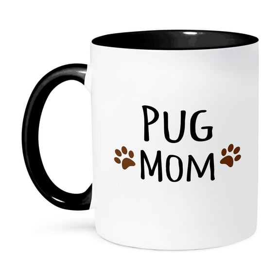 3dRose, Pug Dog Mom - Doggie by breed - muddy brown paw prints - doggy lover - proud pet owner mama love, 11oz Two-Tone Black Mug