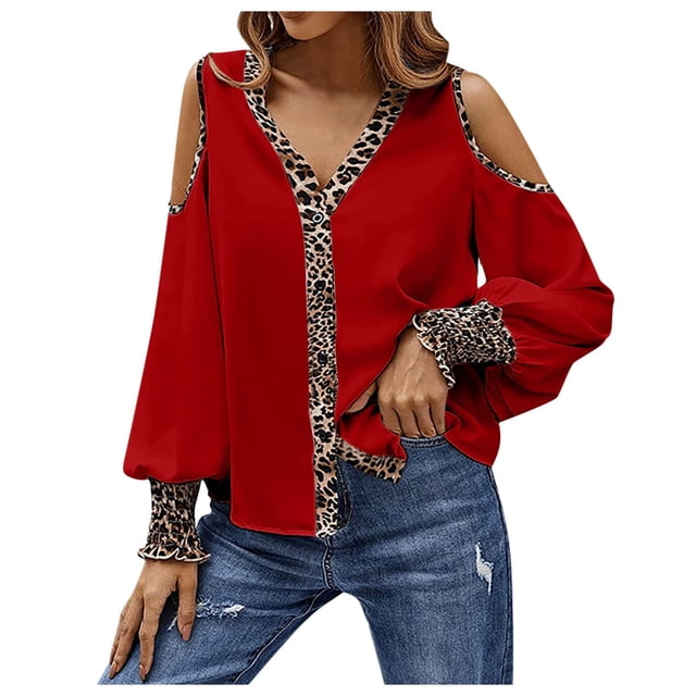 Camiseta de manga larga con cuello en V y retazos con estampado de leopardo para mujer Fridja czfsfas5239