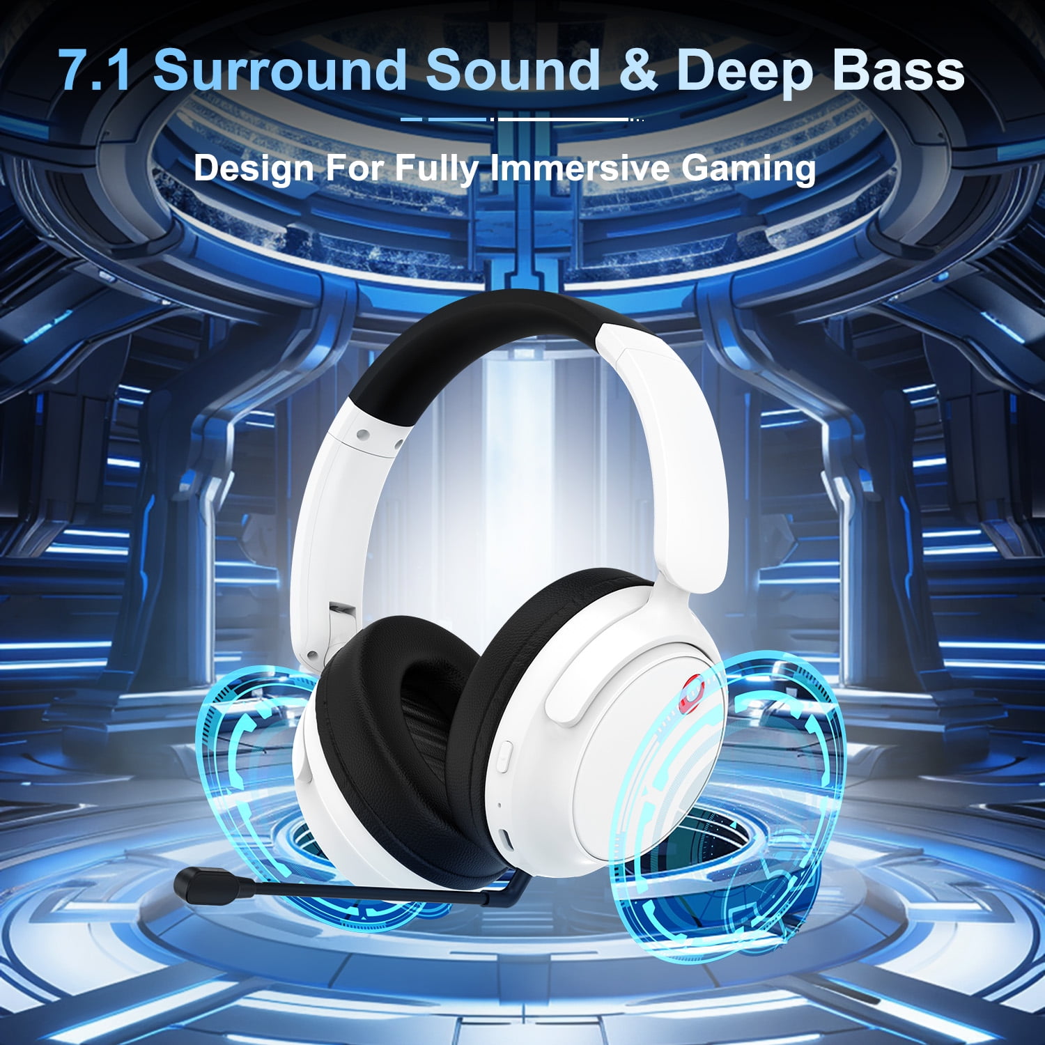 Wireless Gaming Headset, Bluetooth/2.4G Gaming Headphones w/Detachable Noise Cancelling Mic,Stereo Bass 7.1 Surround Sound Over Ear Headphones,Type C Wired for Xbox PS4 PS5 Switch,White,FCC Approved