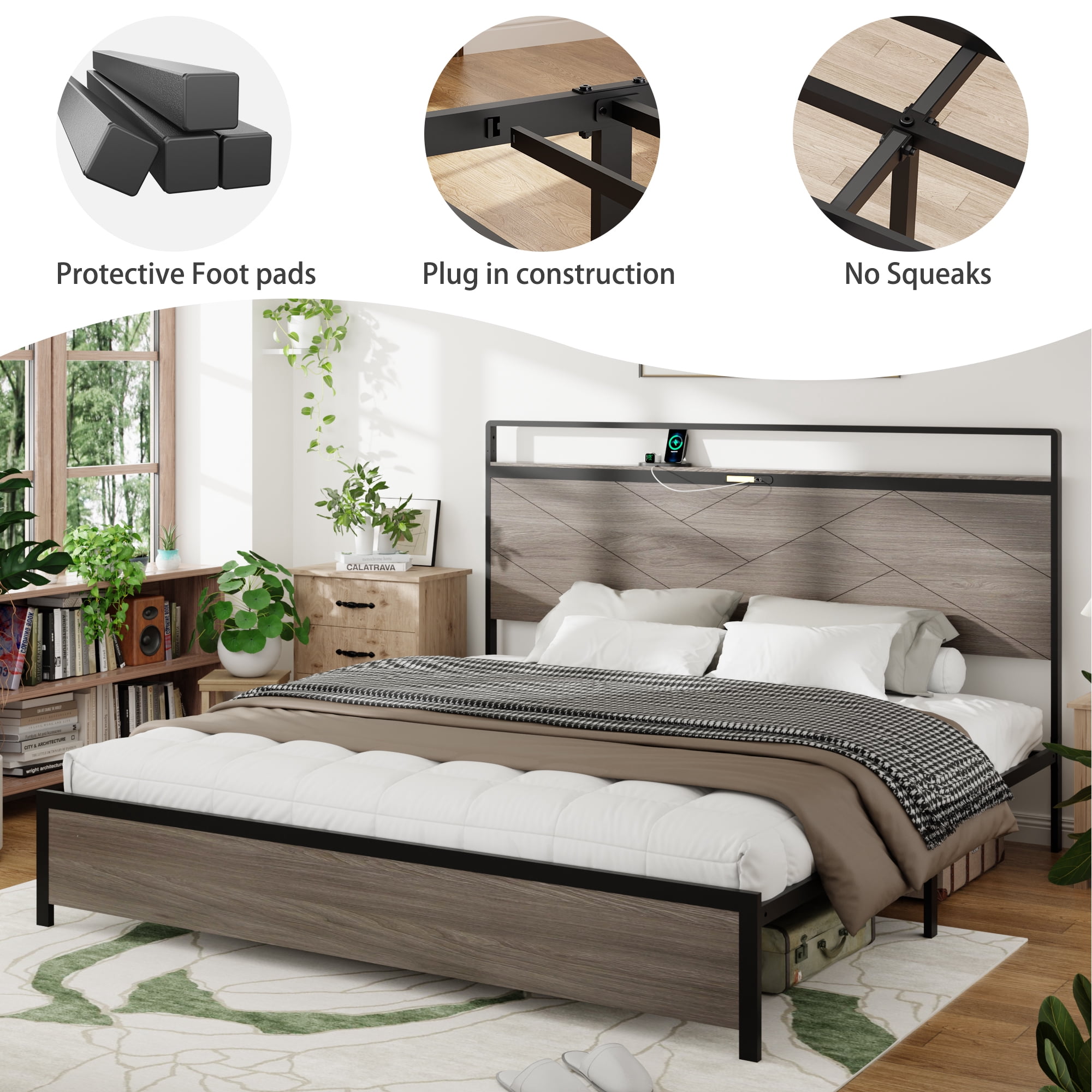 Miniyam King SizeMetal Bed with Wooden Headboard, USB Charging Station for Adult, Gray