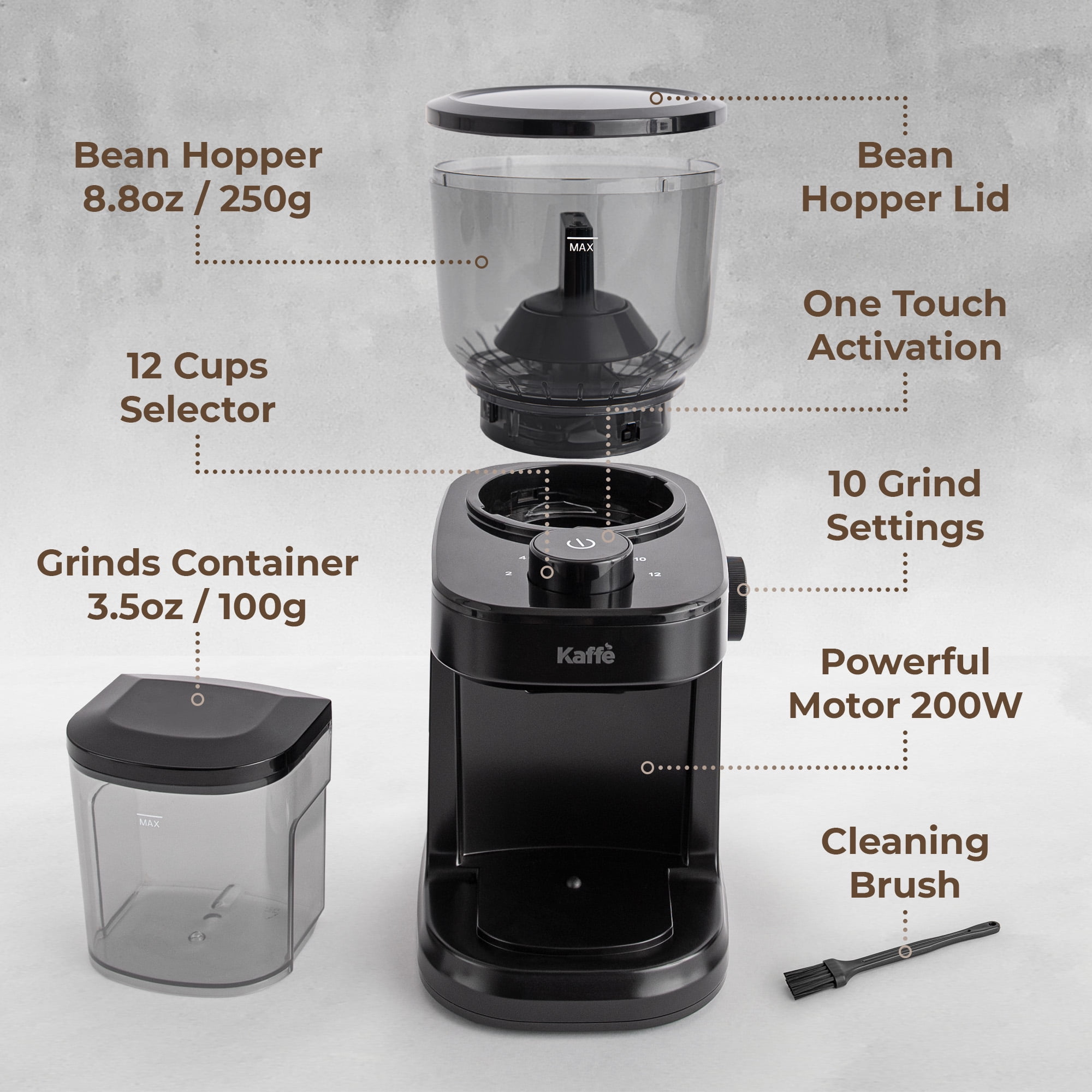 Kaffe Electric Burr Coffee Grinder (8oz) – Adjustable Coarseness & Timer – Flat Burr Grinder for Precision Brewing – Automatic On/Off – Black