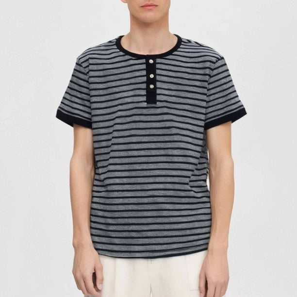 Tops para hombre, blusas y camisas de manga corta con cuello redondo para hombre, blusas casuales de moda para hombre con cuello redondo, medio botón, manga corta, blusas de poliéster para hombre
