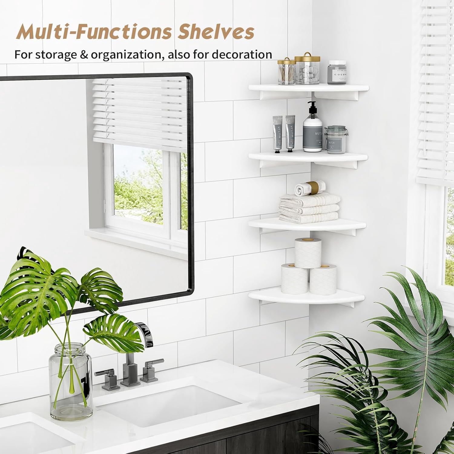 White Corner Floating Shelves for Wall Set of 4, Rounded Corner Shelves Wall Mounted for Kids Bedroom Books, Cute Wood Hanging Corner Shelf for Bathroom Decor, Living Room, Small Spaces