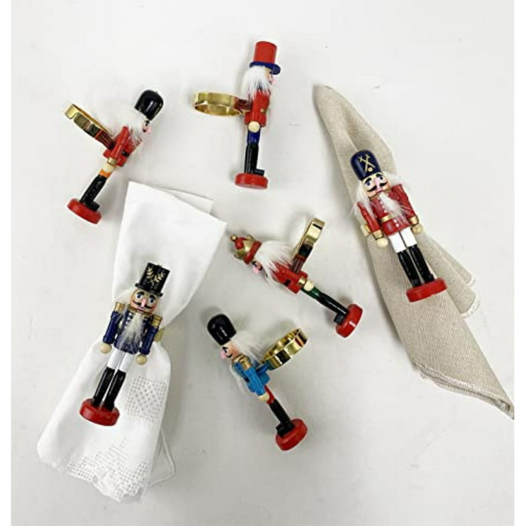 Fennco Styles Handmade Wooden Nutcracker Decorative Napkin Rings Set of 4 Red Festive Soldier Napkin Holders for Dining Table Christmas Holidays